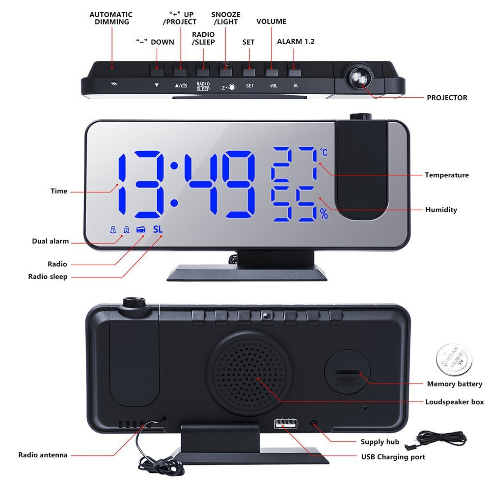 Smart LED Projection Alarm Clock with Temperature & FM Radio - Plantuvo