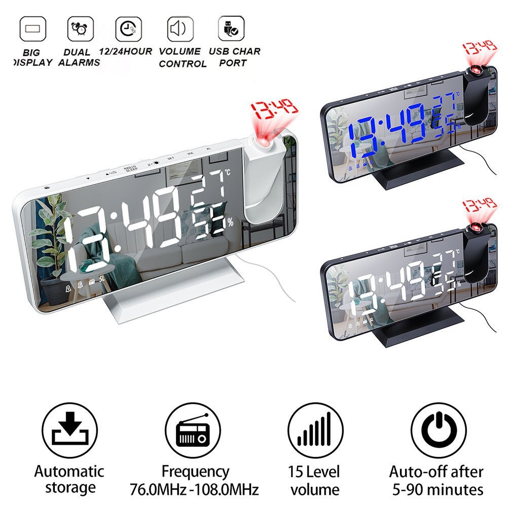 Smart LED Projection Alarm Clock with Temperature & FM Radio - Plantuvo